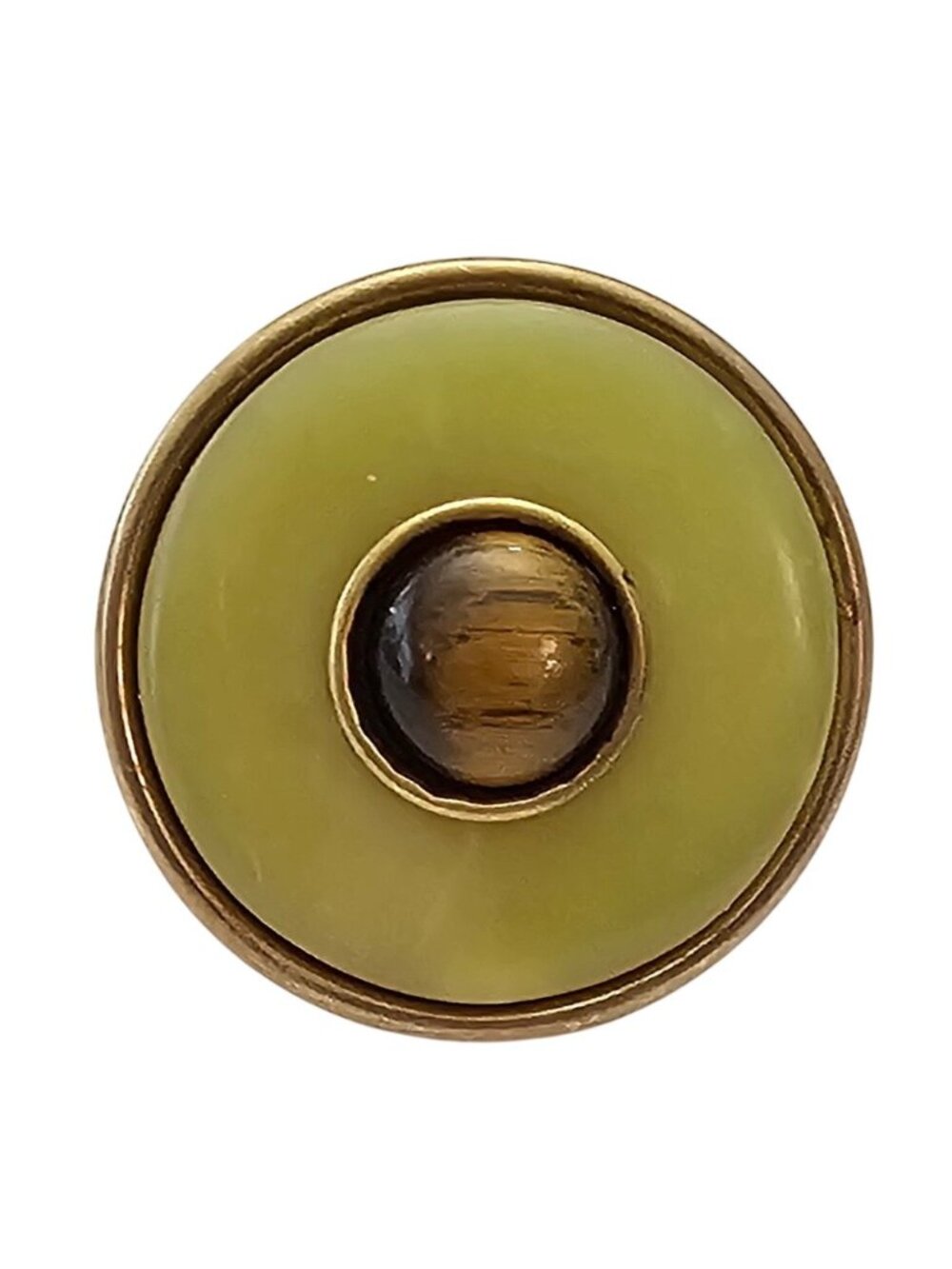 Jan Michaels Round Tiger Eye Green Stone Brass Ring Size 9 Signed, J687